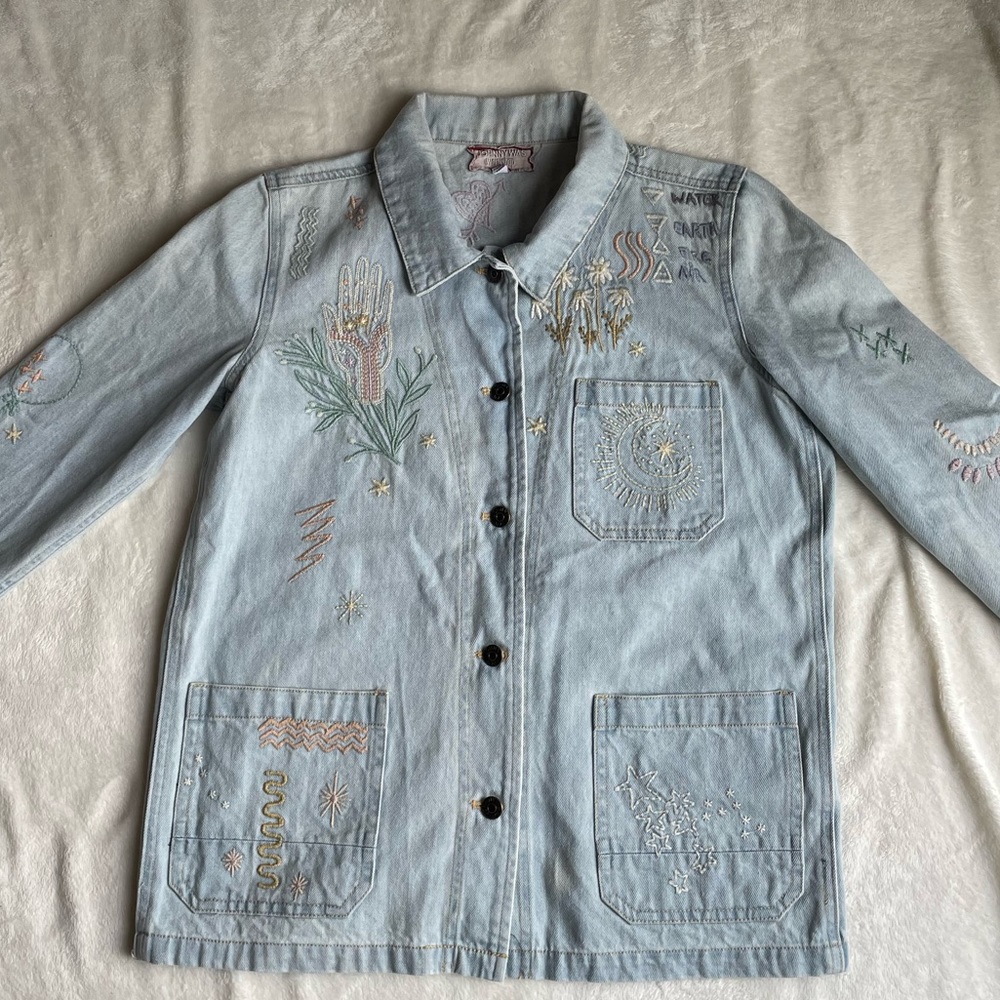 Johnny Was Workshop Embroidered Light Wash Jean Jacket